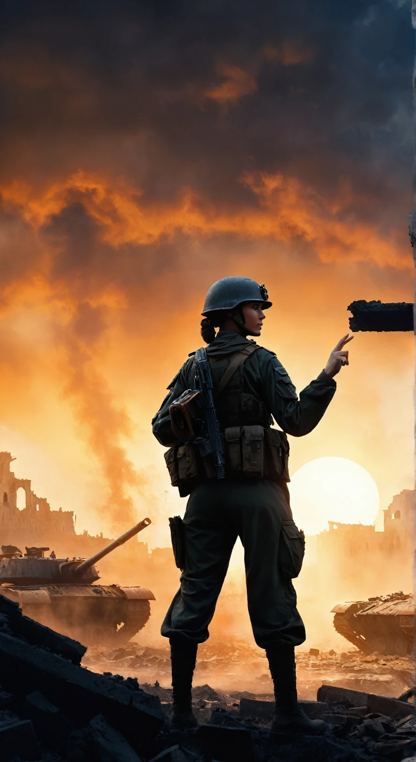 (A female soldier raised her hand to touch something,Background is the ruins of the city,Under the sunset:1.5)painting masterpiece, Extremely detailed, Black White Dark Steel Dark Blue Black Light Brown Dark Brown White Light Orange Dark Red Dark Green, Dramatic Lighting, evening, High contrast, steam, FOG, Israeli soldiers fighting with tanks on the battlefield, Movie Lighting, Aspect ratio of 16:9, steam, 4K, professional ominous Concept Art, author:artgerm and greg rutkowski, complex, elegant, Highly detailed digital painting, Concept Art, Smooth, Clear focus, illustration, Simon Starenhagen's style, Wayne Barlow, 和 igor kieryluk., Acrylic painting, Popular in pixiv Fan Box, Palette knife and brush strokes, Makoto Shinkai's styleJamie WiseJames GirardEdward HopperGreg RutkowskiStudio GhibliGenshin Impact