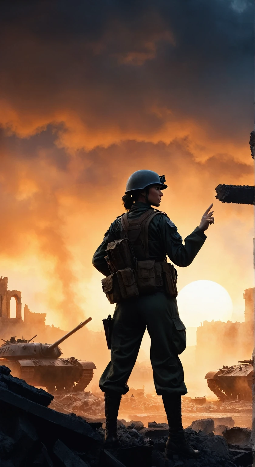 (A female soldier raised her hand to touch something,Background is the ruins of the city,Under the sunset:1.5)painting masterpiece, Extremely detailed, Black White Dark Steel Dark Blue Black Light Brown Dark Brown White Light Orange Dark Red Dark Green, Dramatic Lighting, evening, High contrast, steam, FOG, Israeli soldiers fighting with tanks on the battlefield, Movie Lighting, Aspect ratio of 16:9, steam, 4K, professional ominous Concept Art, author:artgerm and greg rutkowski, complex, elegant, Highly detailed digital painting, Concept Art, Smooth, Clear focus, illustration, Simon Starenhagen's style, Wayne Barlow, 和 igor kieryluk., Acrylic painting, Popular in pixiv Fan Box, Palette knife and brush strokes, Makoto Shinkai's styleJamie WiseJames GirardEdward HopperGreg RutkowskiStudio GhibliGenshin Impact
