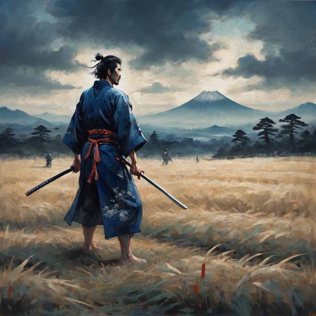 A painting of a man in a dark blue kimono standing in a field, feudal japan art, Samurai Man Wanderer, Samurai Duel, Samurai Style, ancient Japanese Samurai, inspired by Kanō Sanraku, Pino Dani and Dan Mumford, miyamoto musashi, Japanese Samurai, In feudal Japan, Works inspired by Kano Hogai