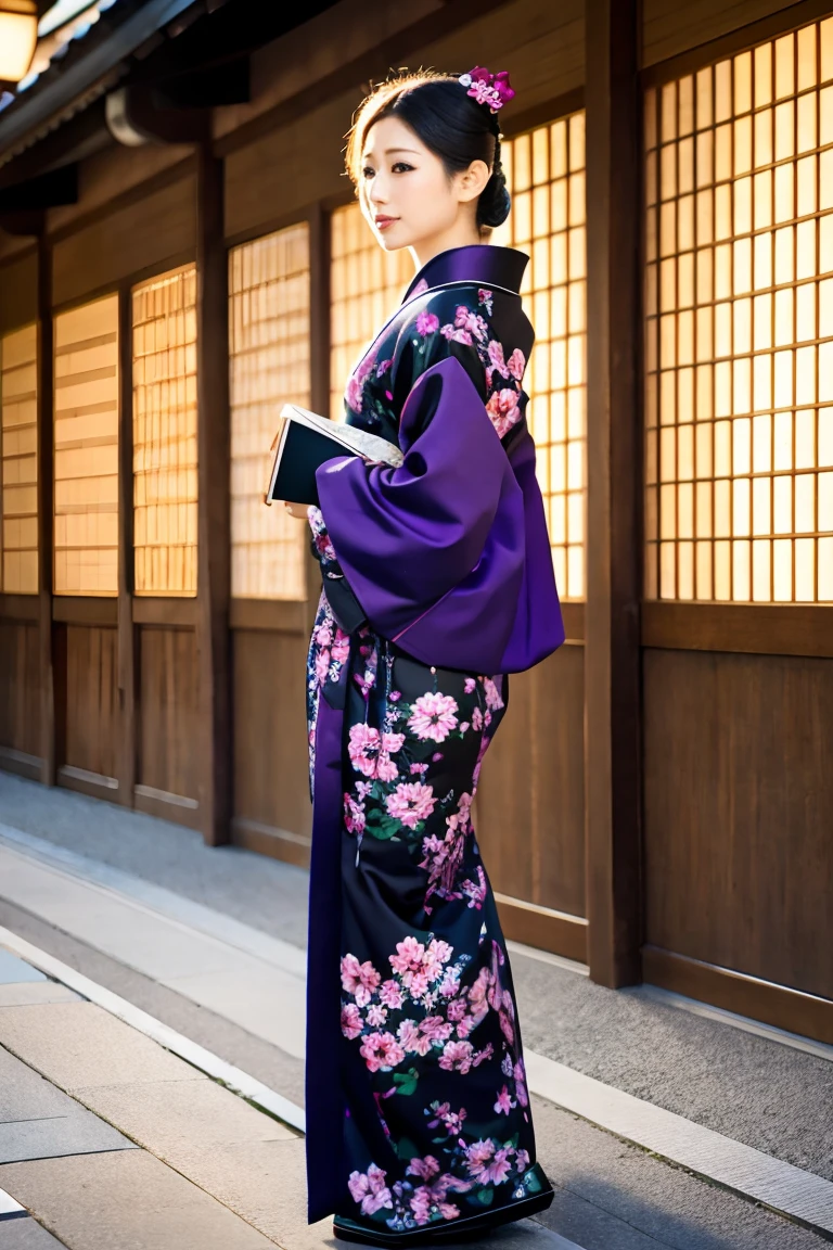 kimono The colors are black and purple Cherry blossom pattern Oiran Machiya in Kyoto night Disturbed sex appeal