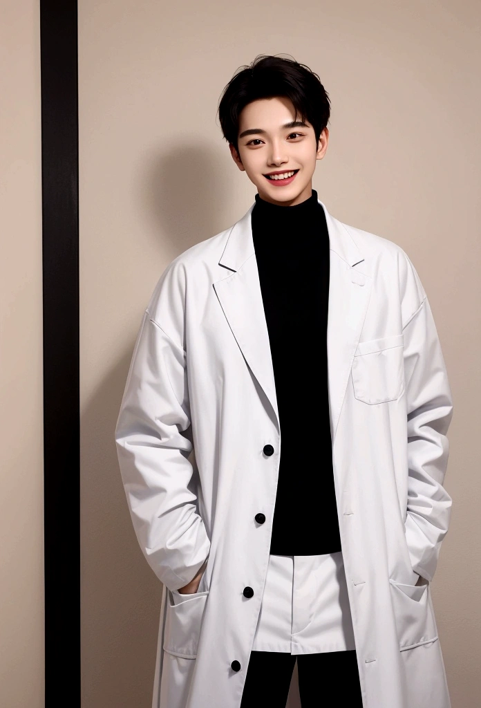 Create an image of a young man wearing a long white coat with large front pockets. The coat has a logo on the left chest featuring a blue and red globe with the word "EARTH" written below it. Underneath the coat, the man is wearing a black high-collared shirt and black pants. He is also wearing brown leather shoes. The man has medium-length, dark hair and is standing with his hands in his coat pockets, exuding a calm and confident demeanor.Top quality, super detailed,, (Korean), long body, (black turtleneck)), clean lab, (beautiful), (long body)) big smile, top quality, super detailed, illustration, super detailed view, (realistic), (black hair)), one young man, (all wearing Evian), (researcher in lab coat)), (no glasses), twink, (fair skinned), (knowledgeable), (Korean), long body, (white shirt)), clean lab, (beautiful), (long body)) big smile, right hand is making an "OK" gesture near his face, hand raised near his face. He has a bright and cheerful expression, smiling widely, showing his teeth. His smile is so big his eyes almost close, and he is looking straight into the camera. The background is bright and white, giving the image a clean and fresh look.