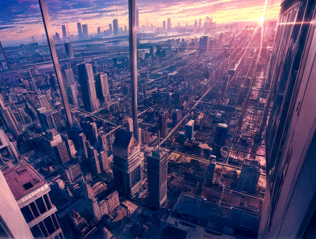 Absurd, High resolution, (Official Art, beautifully、aesthetic:1.2), Wide angle, Rooms with large windows, Bright Sky, A vast world, girl, stare, Awe-inspiring expressions, light pink long hair, Lo-fi Girl, Kaisei and Artgelm, Anime atmosphere, Lofi Artstyle, Anime Style 4k, Anime Aesthetics, Lo-fi feeling, Lofi Art, anime art wallpaper 4k, An atmosphere of praise, Emotional cityscape