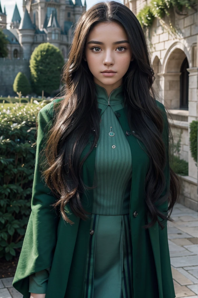 best quality, 8k, very delicate and beautiful, highly detailed face and skin texture, shiny skin, high resolution, sexy long hair teenage girl wearing black hogwarts uniform and green stripes stand in front of castle, slytherin, sharp focus
