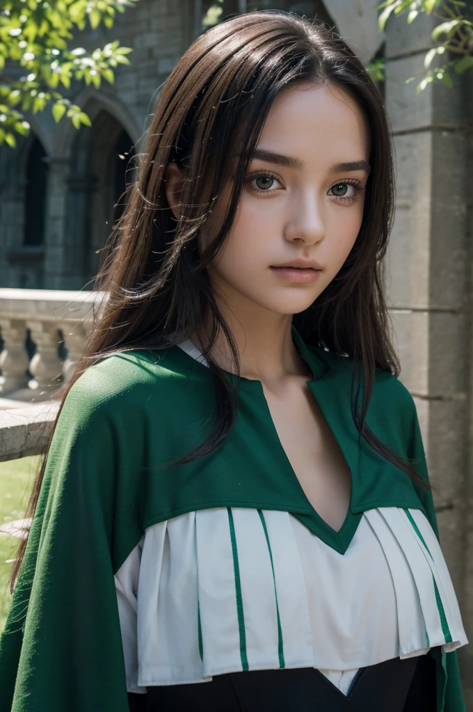 best quality, 8k, very delicate and beautiful, highly detailed face and skin texture, shiny skin, high resolution, sexy long hair teenage girl wearing black hogwarts uniform and green stripes stand in front of castle, slytherin, sharp focus
