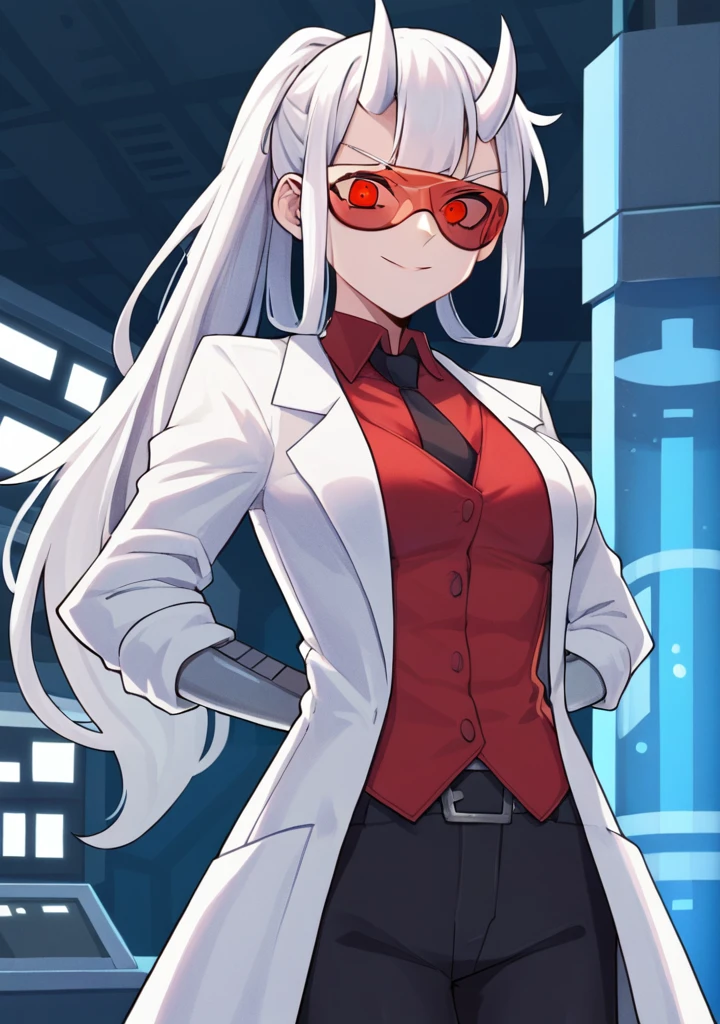 score_8_up, score_7_up, anime screenshot, looking at viewer, clouds
1girl, loremaster (helltaker), horns, long hair, ponytail, white hair, red-tinted eyewear, lab coat, red shirt, formal, black pants, 
standing, looking at viewer, arms behind back, laboratory, Open clothes, unbuttoned shirt, white bra, medium chest, abs,