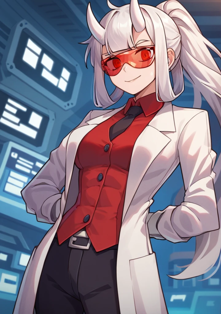 score_8_up, score_7_up, anime screenshot, looking at viewer, clouds
1girl, loremaster (helltaker), horns, long hair, ponytail, white hair, red-tinted eyewear, lab coat, red shirt, formal, black pants, 
standing, looking at viewer, arms behind back, laboratory, Open clothes, unbuttoned shirt, white bra, medium chest, abs,