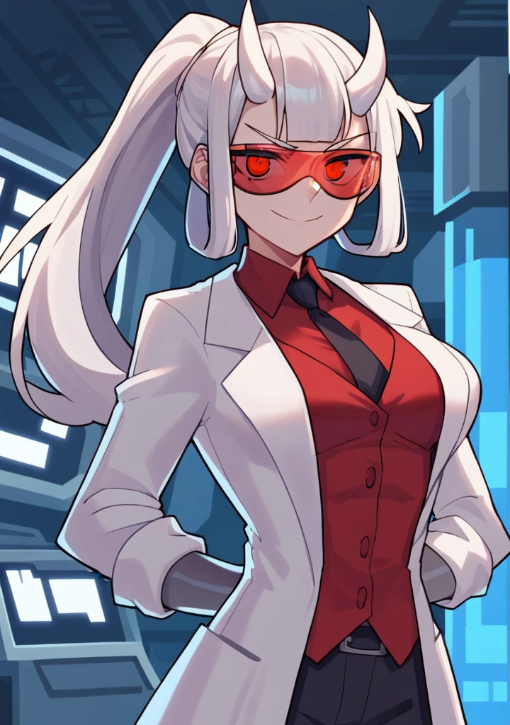 score_8_up, score_7_up, anime screenshot, looking at viewer, clouds
1girl, loremaster (helltaker), horns, long hair, ponytail, white hair, red-tinted eyewear, lab coat, red shirt, formal, black pants, 
standing, looking at viewer, arms behind back, laboratory, Open clothes, unbuttoned shirt, white bra, medium chest, abs,