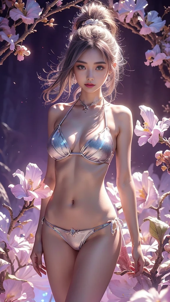 8K, UHD, 1 girl, 24 years old, ((perfect breasts)), ((silver fantasy bikini)), ((fantasy panties)), ornaments, exquisite faces, details, hands, ultimate details, amazing magnificence, Pedaipan style, fiber hair, glowing pink iris, ((glowing flower)), close legs,
