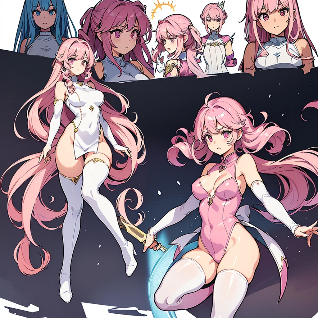Best illustrations、Best Quality、(Character Sheet:1.3),(The same face:1.1),(One girl、23 years old),Dynamic pose,Medieval Fantasy,accessories,Magic wand,(White Background)、(The pink god、Shortcuts、Curly hair)、(, Bare shoulders, Bodysuits, Fingerless elbow gloves, Thigh-high boots, Knee socks、pants)