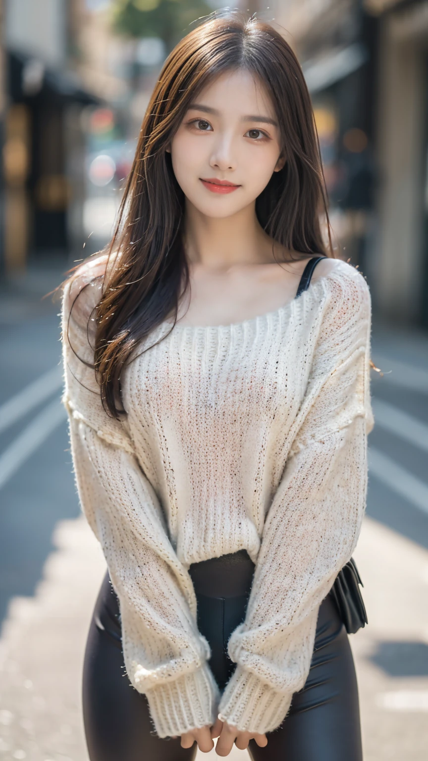 Masterpiece, The best quality, Ultra-high resolution, High detail photo, Unity 8K Wallpaper, Extremely detailed CG:1.2), depth of field, bokeh, (RAW photo:1.Realistic photography:1.4), (1girl:1.5), YOUNG, physically based representation, beautiful, (Finely detailed face:1.4, Detailed clothing), (detailed:1.4) named (Eimi fukada:1.1) BREAK Cara hermosa, depth of field, Add layer, hyperrealistic, 27 years old, perfect body model, , 175cm tall, pose sexy, full body, whole body, Model Body Type, BREAK (oversized sweater, leggings:1.3), (long hair:1.2), double eyelid BREAK street view, Selfie,, cute smile,bend over,Lean Forward,