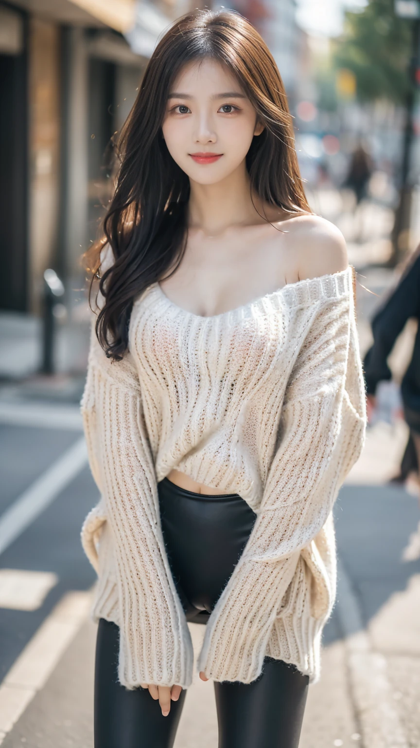 Masterpiece, The best quality, Ultra-high resolution, High detail photo, Unity 8K Wallpaper, Extremely detailed CG:1.2), depth of field, bokeh, (RAW photo:1.Realistic photography:1.4), (1girl:1.5), YOUNG, physically based representation, beautiful, (Finely detailed face:1.4, Detailed clothing), (detailed:1.4) named (Eimi fukada:1.1) BREAK Cara hermosa, depth of field, Add layer, hyperrealistic, 27 years old, perfect body model, , 175cm tall, pose sexy, full body, whole body, Model Body Type, BREAK (oversized sweater, leggings:1.3), (long hair:1.2), double eyelid BREAK street view, Selfie,, cute smile,bend over,Lean Forward,