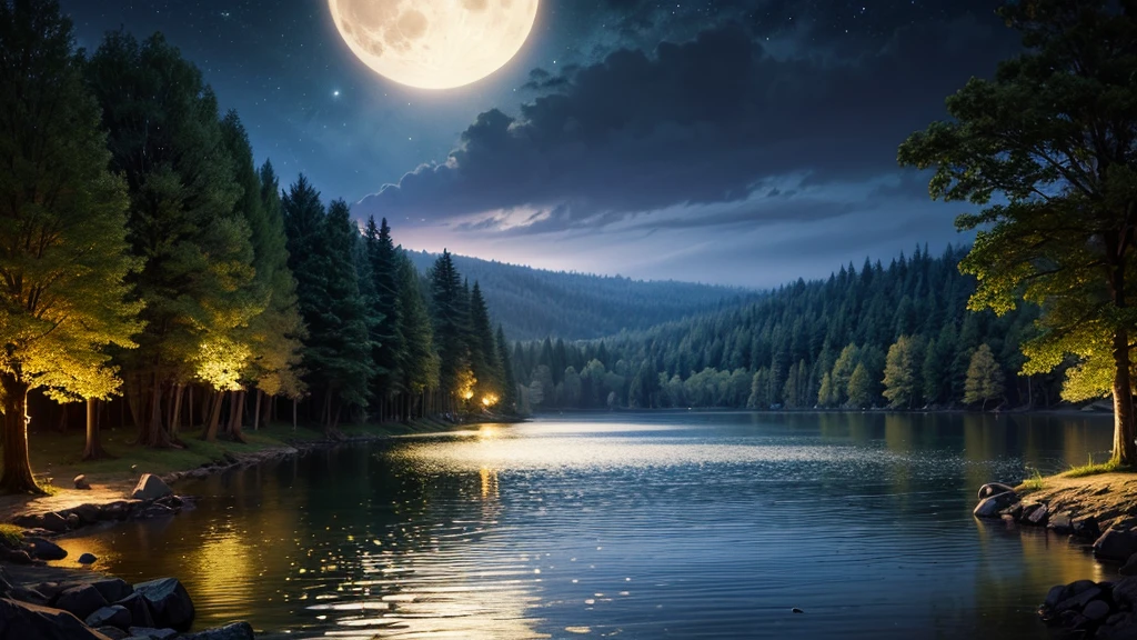 a painting of a full moon over a lake with trees, dreamy night, detailed painting 4 k, highly detailed 4 k painting, 4k hd matte digital painting, beautiful oil matte painting, 8 k resolution digital painting, 8k resolution digital painting, detailed 4 k painting, 8 k hd detailed oil painting, highly detailed 4 k art, 4k digital painting, 4 k digital painting