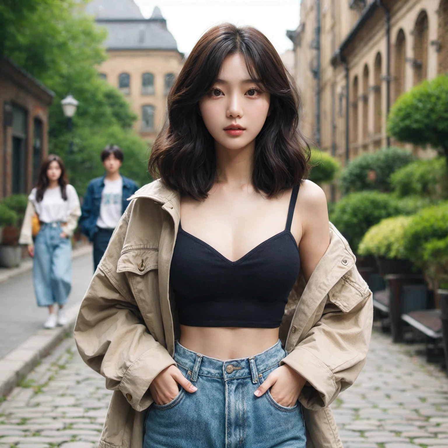 Beautiful young Korean female walking confidently down a cobblestone street in casual, stylish outfits with jackets, shirts, and jeans, medium chest. The backdrop is a vintage urban setting with buildings and greenery, blending modern style with a cool urban vibe.