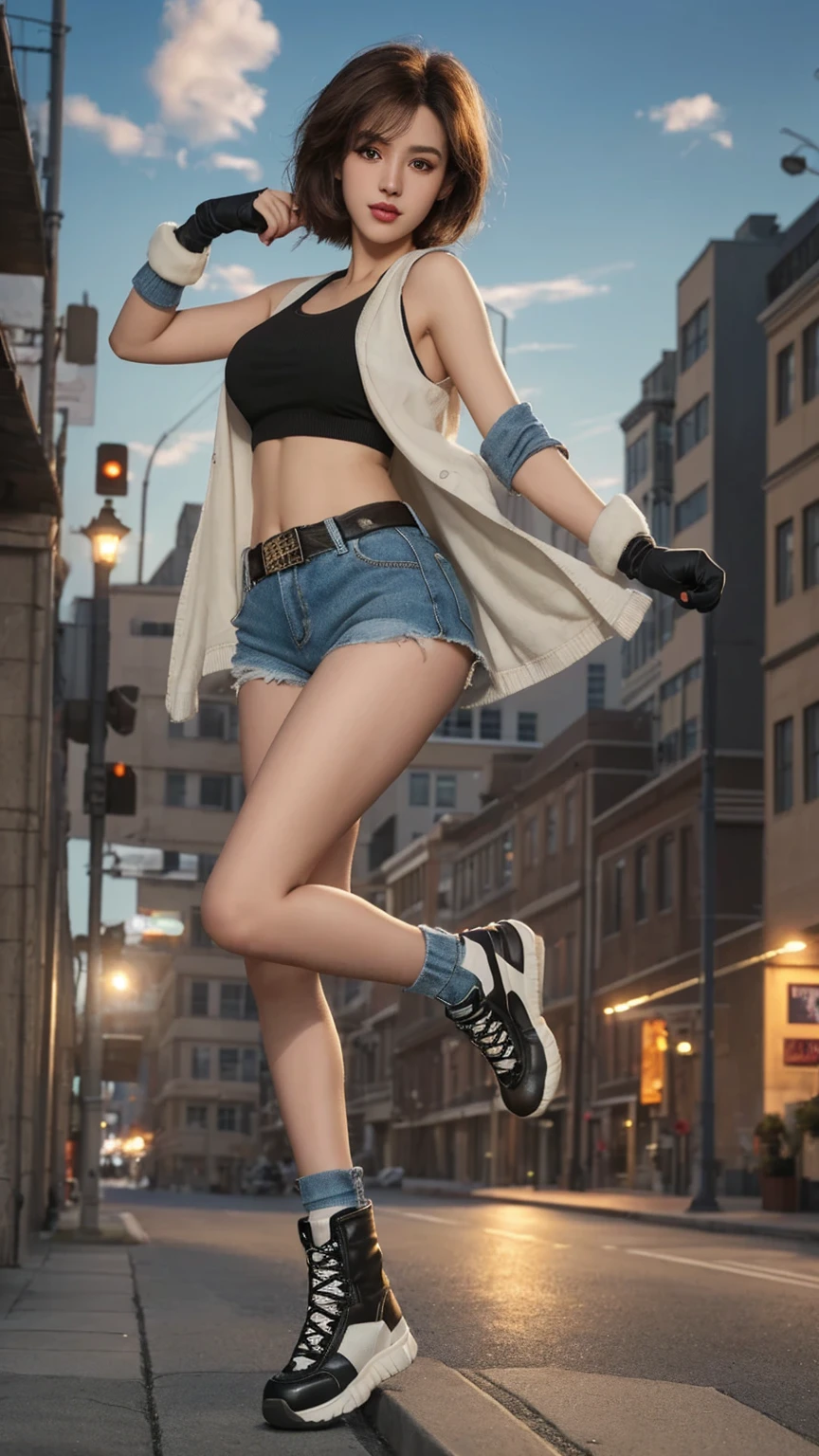 arafed woman in a black top and blue shorts is posing on a street, bra and shorts streetwear, posing in an urban street, korean women's fashion model, athletic fashion photography, modeling photography, pretty face with arms and legs, ross tran style, cyberpunk 2 0 y. o model girl, trending on cgstation, casual photography, casual pose