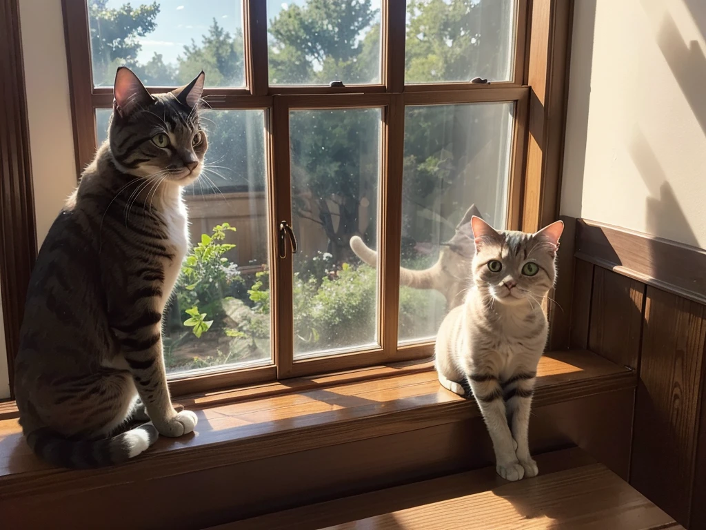 detailed cat on window sill, cat sitting on wooden window sill, looking out window, sunlight through window, warm atmosphere, soft lighting, peaceful, high quality, photorealistic, 8k, sharp focus, extremely detailed, intricate details, natural colors, natural lighting