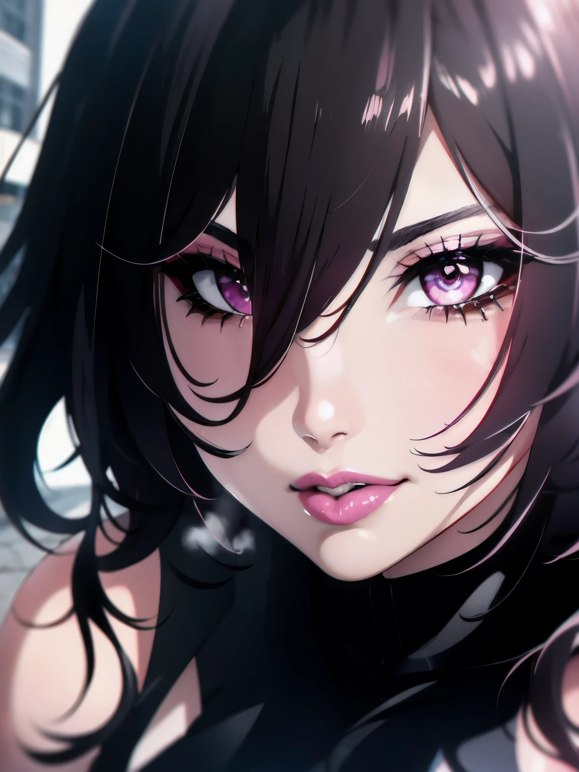 ((masterpiece)), (best quality), 8k, ultra-detailed, absurdress, 1girl, messy hair, pink lips, black hair,  mascara, smoky eyes, eyeliner, eyeshadow, puckered lips,  portrait, outdoors, grin