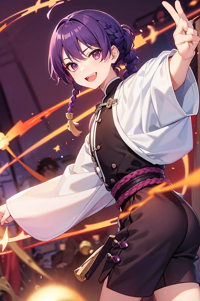 Purple Hair、Red eyes、White background、Anime characters、Knot、Braid、A man wearing black kung fu clothing、Smiling young man、Man standing facing forward、juvenile、(White background)、{{masterpiece}}, The best quality of life