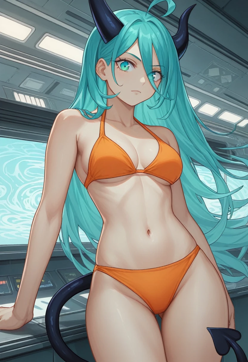 score_9, score_8_up, score_7_up,1 daemon woman, black  horns, black demon tail, (aquamarine hair),aquamarine green color hair,ahoge, long hair, (long hair),bangs, light orange bikini, bikini is orange, bikini orange, orange bikini!, (aquamarine eyes), background is spaceship, aquamarine eyes, 1woman ,facing viewer, daemon girl,  close up,Well-endowed, alone, Spacecraft interior, sexy pose