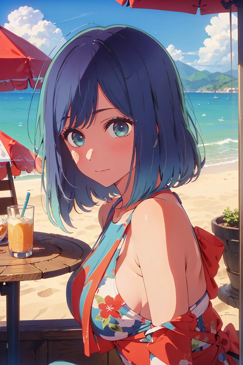 (Highest quality:1.4、masterpiece:1.4、Super detailed:1.4、8K:1.4)、((((1 person、Surprised expression、sit、Outdoor café terrace、coastal、juice、table、Sandy Beach、juiceのグラスを持つ、Plain Bikini、The depth of the written world、Very soft boobs、Big eyes、Very cute face))))、F cup bust、Medium breast、Underboob、Sideboob