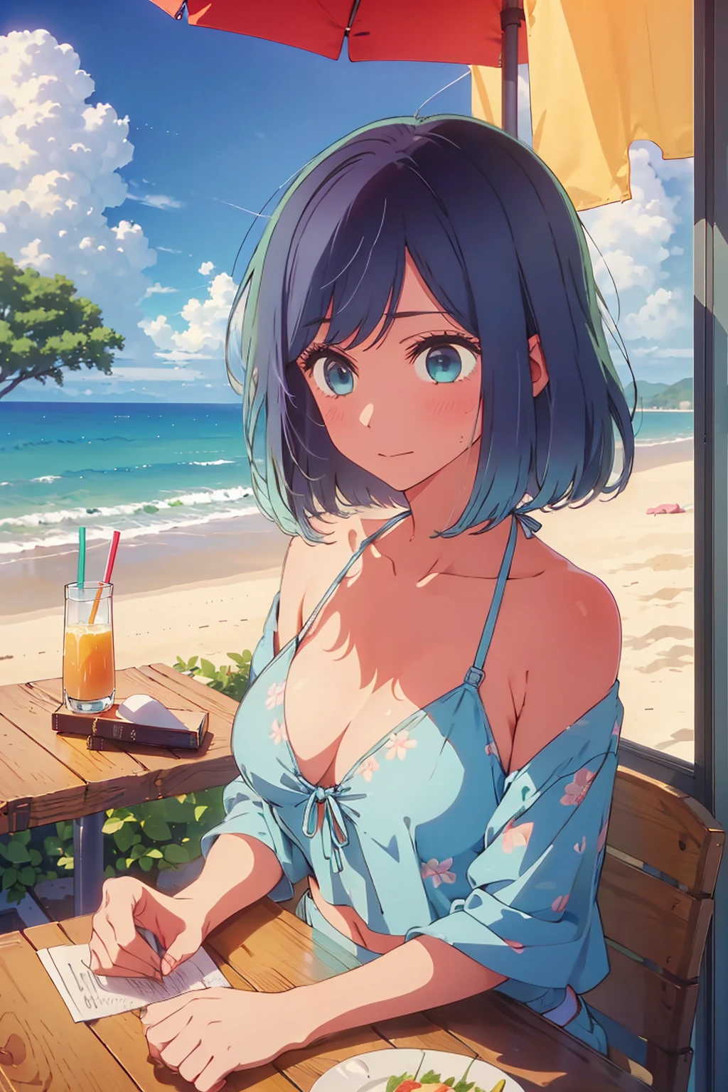 (Highest quality:1.4、masterpiece:1.4、Super detailed:1.4、8K:1.4)、((((1 person、Surprised expression、sit、Outdoor café terrace、coastal、juice、table、Sandy Beach、juiceのグラスを持つ、Plain Bikini、The depth of the written world、Very soft boobs、Big eyes、Very cute face))))、F cup bust、Medium breast、Underboob、Sideboob