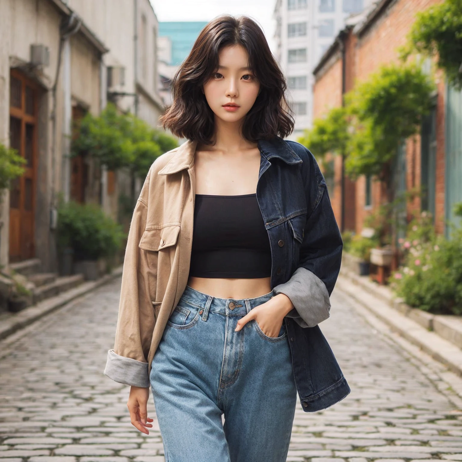 Beautiful young Korean female walking confidently down a cobblestone street in casual, stylish outfits with jackets, shirts, and jeans, medium chest. The backdrop is a vintage urban setting with buildings and greenery, blending modern style with a cool urban vibe.
