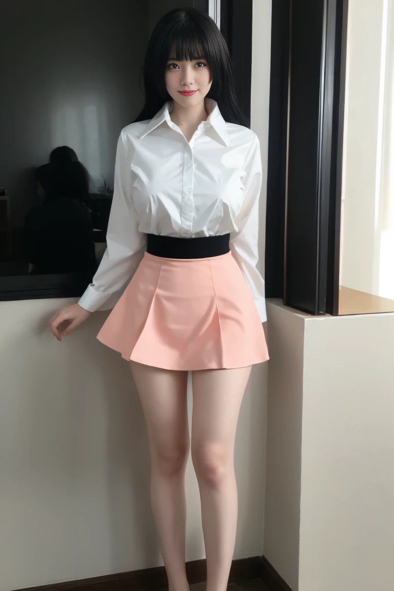 best quality, tmasterpiece,Ultra-high resolution,Clear face,(Reality:1.4),ferpect lighting,(full body), (photorealistic:1.50), anime wallpaper, Guviz style artwork, cover-up fantasy up to magic , by Yang J, Guviz, beautiful artwork illustration, beautiful digital artwork, beautiful digital illustration, Li Song, beautiful anime portrait, art style in Beauvot, 1girl, 独奏, bangs, One braid hair, black hair, Blush, red cheeks, blue eyes, Double eyelids, Long sleeve white t-shirt, white t-shirt, Bare shoulders, (super Giant breast:1.5), (shagging breasts:1.3), Short pencil skirt, Black skirt, standing, room, Background inside the house, looking at viwer, smile, Slim body, Arms behind back,