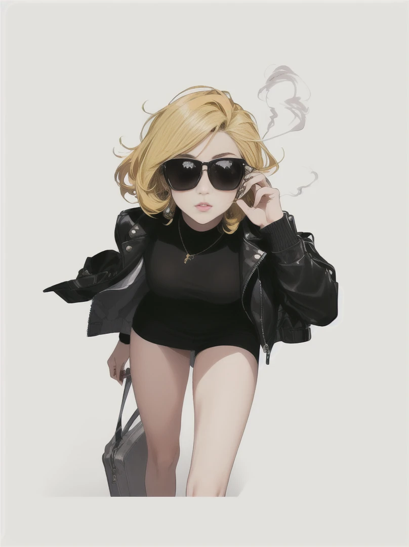 A cool girl with a confident and stylish appearance, showcasing a modern, urban look.
Glasses: Trendy glasses that complement her sharp features and expressive eyes.
Outfit:
Jacket: A fashionable leather jacket with intricate smoke patterns that blend seamlessly with yellow accents. The jacket has a sleek, tailored fit.
Top: A yellow top that contrasts with the smoky details of the jacket.
Accessories:
Cigarette: She holds a cigarette in a relaxed, nonchalant manner, with wisps of smoke curling around her.
Hairstyle: Her hair is styled in a contemporary fashion, enhancing her cool demeanor.