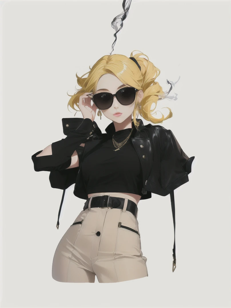 A cool girl with a confident and stylish appearance, showcasing a modern, urban look.
Glasses: Trendy glasses that complement her sharp features and expressive eyes.
Outfit:
Jacket: A fashionable leather jacket with intricate smoke patterns that blend seamlessly with yellow accents. The jacket has a sleek, tailored fit.
Top: A yellow top that contrasts with the smoky details of the jacket.
Accessories:
Cigarette: She holds a cigarette in a relaxed, nonchalant manner, with wisps of smoke curling around her.
Hairstyle: Her hair is styled in a contemporary fashion, enhancing her cool demeanor.