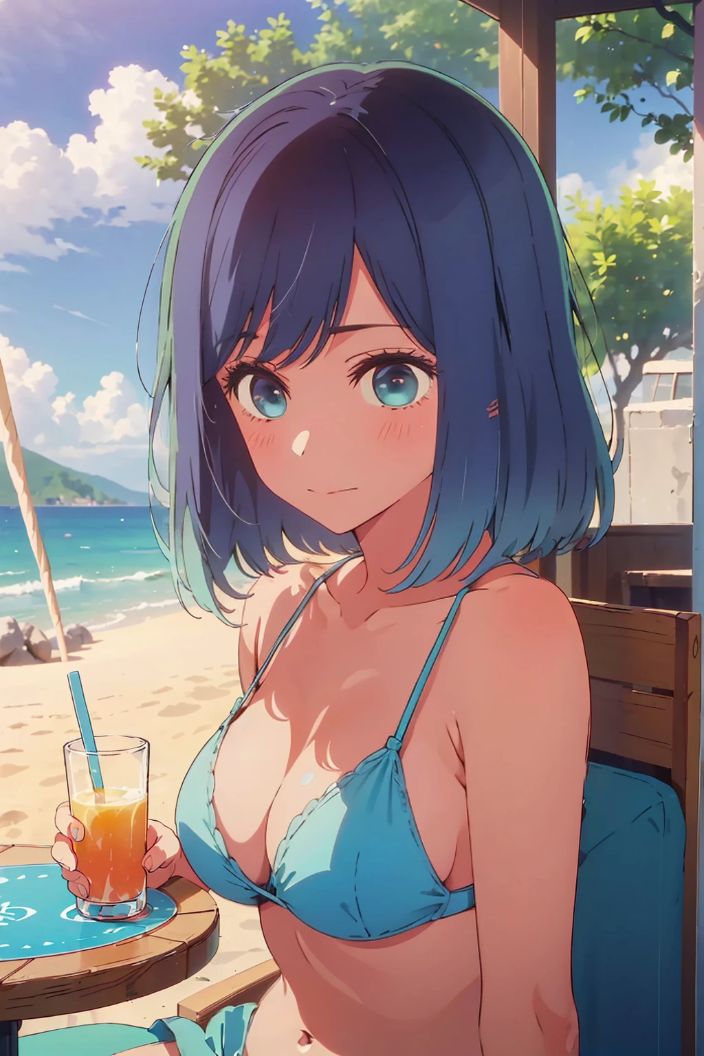 (Highest quality:1.4、masterpiece:1.4、Super detailed:1.4、8K:1.4)、((((1 person、Surprised expression、sit、Outdoor café terrace、coastal、juice、table、Sandy Beach、juiceのグラスを持つ、Plain Bikini、The depth of the written world、Very soft boobs、Big eyes、Very cute face))))、F cup bust、Medium breast