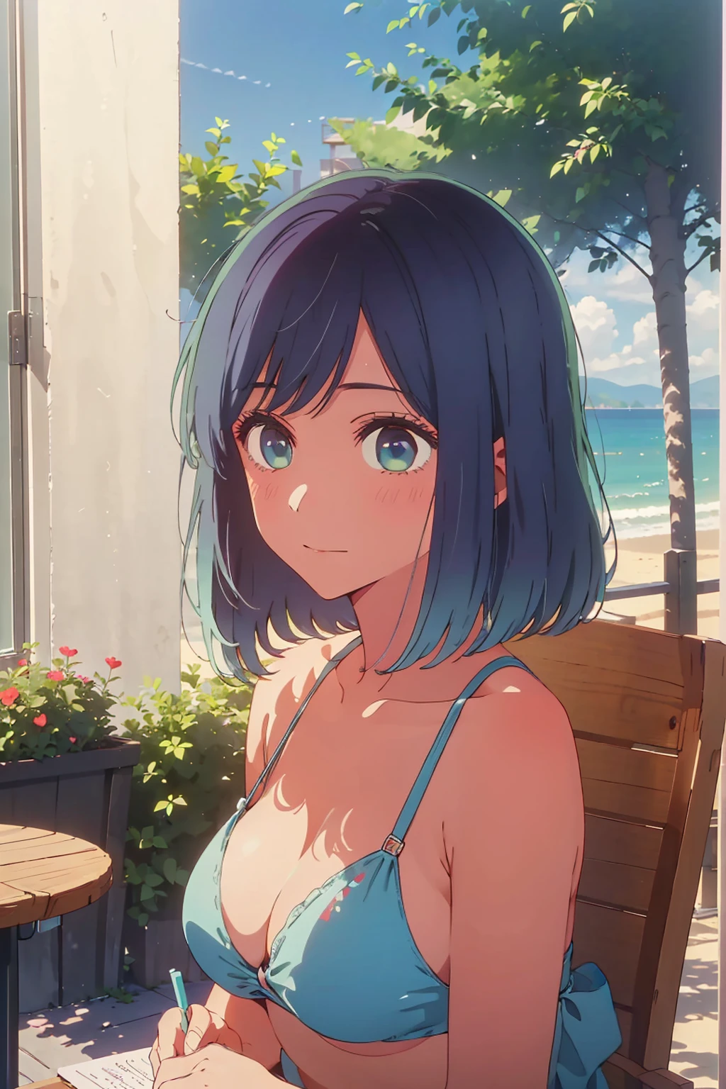 (Highest quality:1.4、masterpiece:1.4、Super detailed:1.4、8K:1.4)、((((1 person、Surprised expression、sit、Outdoor café terrace、coastal、juice、table、Sandy Beach、juiceのグラスを持つ、Plain Bikini、The depth of the written world、Very soft boobs、Big eyes、Very cute face))))、F cup bust、Medium breast