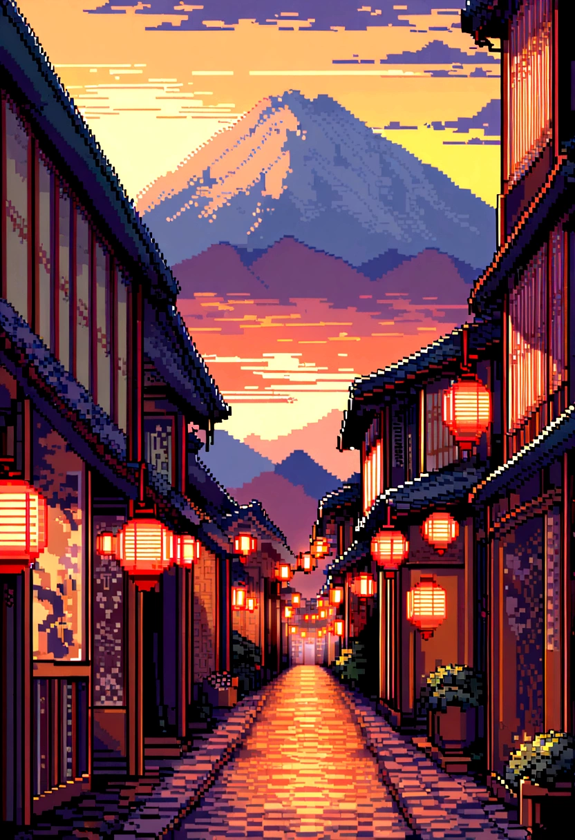 pixel art. Main composition is a Japanese old street without people only has some lantern,background can see mountain and could but not too much, that time can see sunset, size is 1280*1024