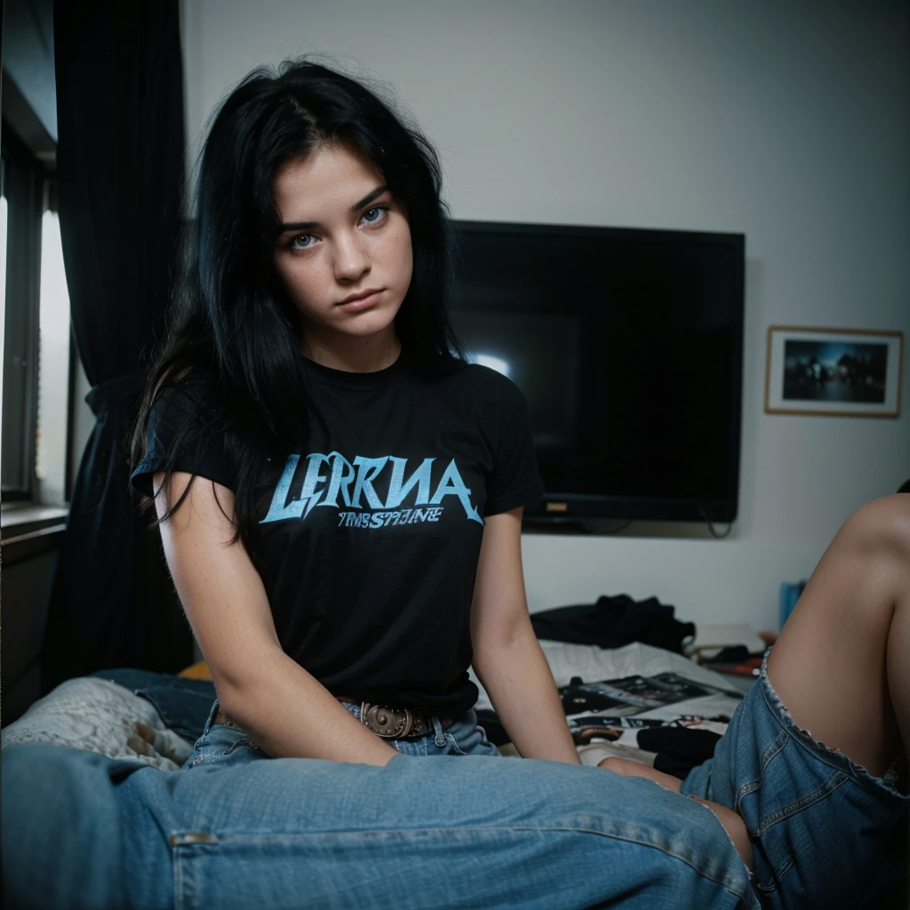 1980s Kodak photo of a young 25 year old rock girl with black 
hair , blue eyes wearing black metallica t-shirt, at home, photography by nan goldin, faded, film grain, cross processed image