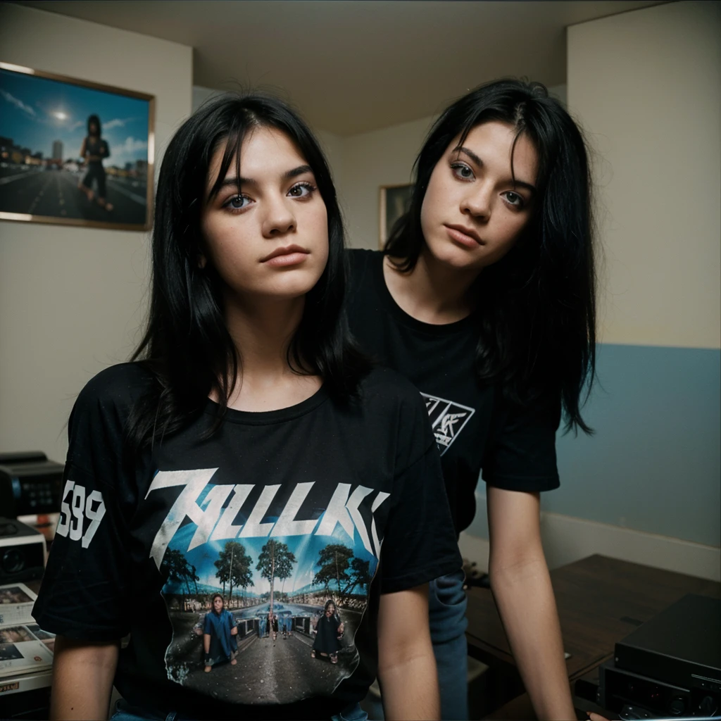 1980s Kodak photo of a young 25 year old rock girl with black
hair , blue eyes wearing black metallica t-shirt, at home, photography by nan goldin, faded, film grain, cross processed image