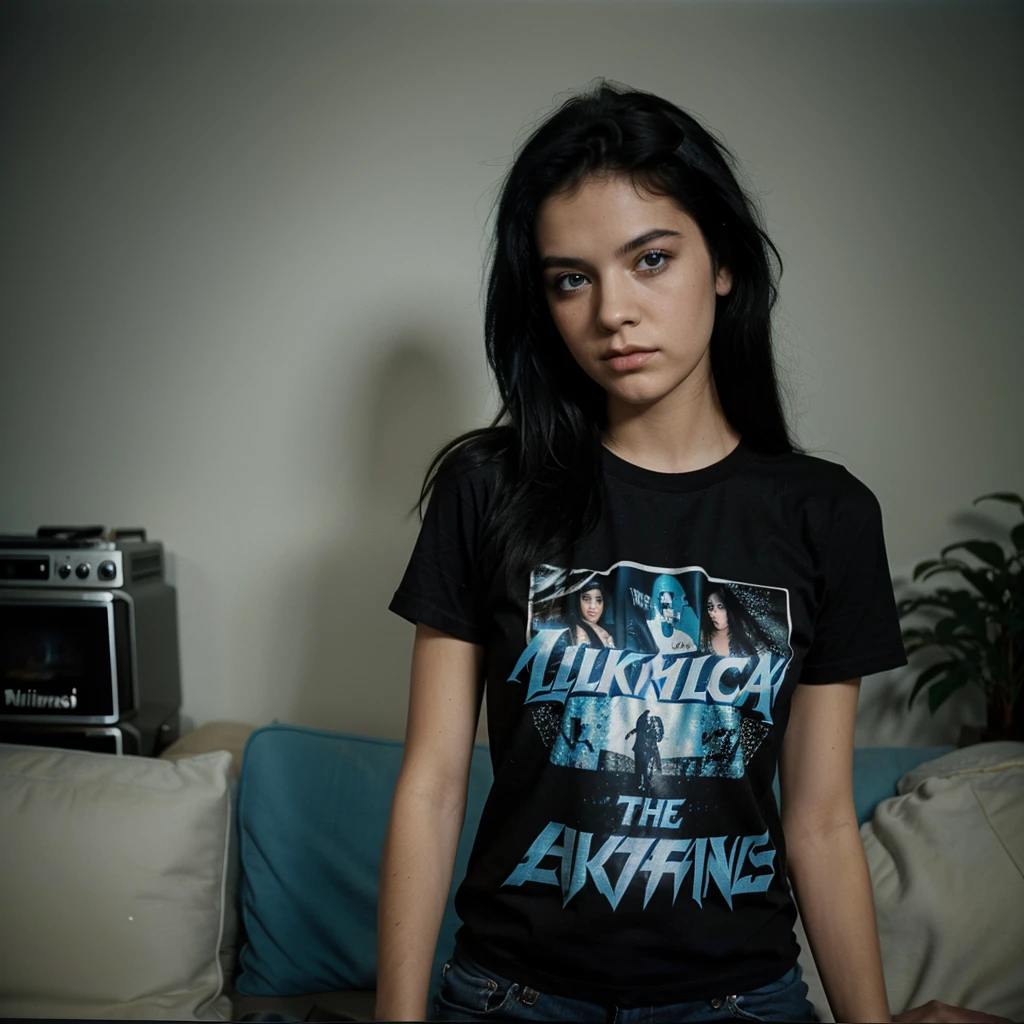 1980s Kodak photo of a young 25 year old rock girl with black
hair , blue eyes wearing black metallica t-shirt, at home, photography by nan goldin, faded, film grain, cross processed image