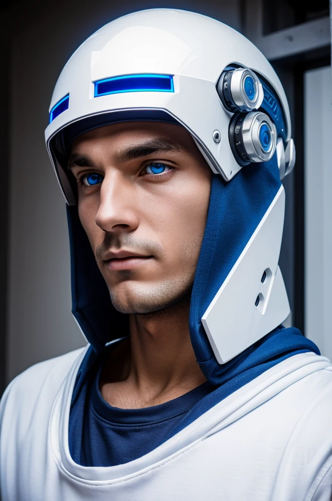 Boy, white hair, beanie, hoodie, robot joints, glowing blue eyes, visor, robot, workerdrone, attractive,