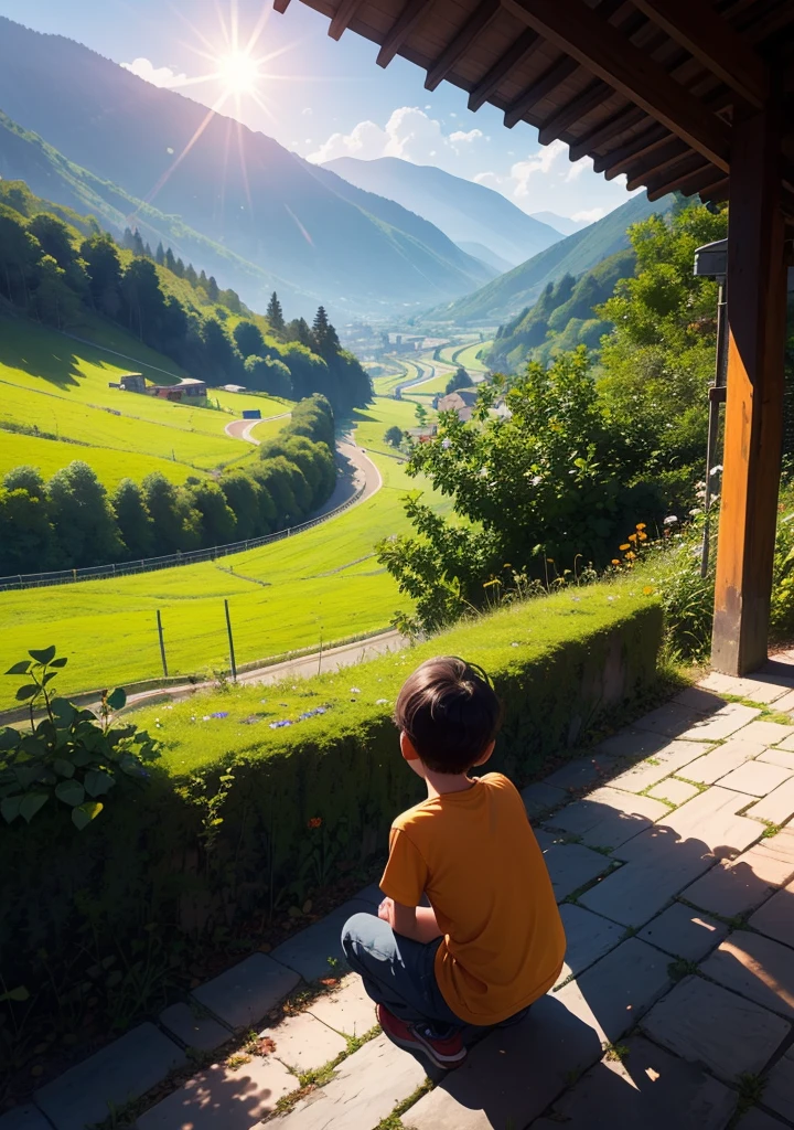 (boy) watching the big yellowish orange sun which rises between two hills from a peaceful valley (potrait).