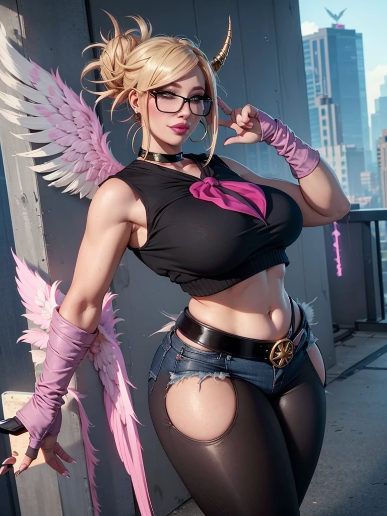 realisticlying，22yo girl，Blonde short、big body,  lingerie lace black ,perfect eyes, hair bunches、very very long hair, ultradetailed hair, body nylon sexyeasts enlarged、 big body, blonde, woman 1.90 CM,ponytail, ((hair over eyes)),perfect mouth, massive big bounce oppai, WET SKIN, (masterpiece, best quality:1.2), 1girl, solo, city background, haze \(fortnite\), Harpy Haze From fortnite, 1girl, earrings, glasses, hat, jewelry, lips, long hair, looking at viewer, makeup, nail polish, pink eyes, pink hair, pink nails, smile, sunglasses, tinted eyewear, belt, black pants, crop top, eyeshadow, midriff, navel, pants, choker, fingernails, round eyewear, sharp fingernails, standing, black feathers, black headwear, hoop earrings, horned headwear, horns, denim, winged arms, feather trim, star \(symbol\), elbow gloves, dark pink lips, feathers, heels, shoes, angel wings, bangle, black wings, crop top overhang, feathered wings, harpy, low wings, multicolored hair, multicolored wings, pink wings, wings, fingerless gloves, shirt, long fingernails, boater hat, bootcut pants, leather pants, sleeves, black sleeves,massive big bounce oppai,massive big bounce oppai,massive big bounce oppai,
