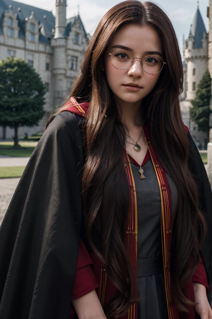 best quality, 8k, very delicate and beautiful, highly detailed face and skin texture, shiny skin, high resolution, beautiful red long hair glasses teenage girl wearing black cloak and red stripes stand in front of castle, gryffindor, sharp focus
