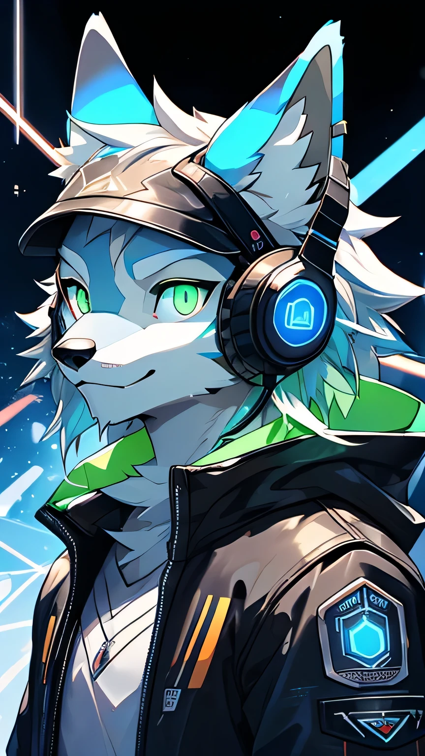 Young werewolf,Golden Fur,Wearing a black jacket with neon details,Wear an electronic mask,Wearing gaming headphones,avatar,Close-up of face,high quality,The art of math,,High-definition 4k realism,((clear structural details)))Show details,Delicateeyes,(Blue-green pupils)((Silvery-white glowing eyes))Slim,Soft,4k,excellent quality,High Detail,Delicate fur,((Yellowtail in the right place))Light blue shirt。Pale ears,Yellow hair,whole body,permanent,small short mouth,personification,domineering