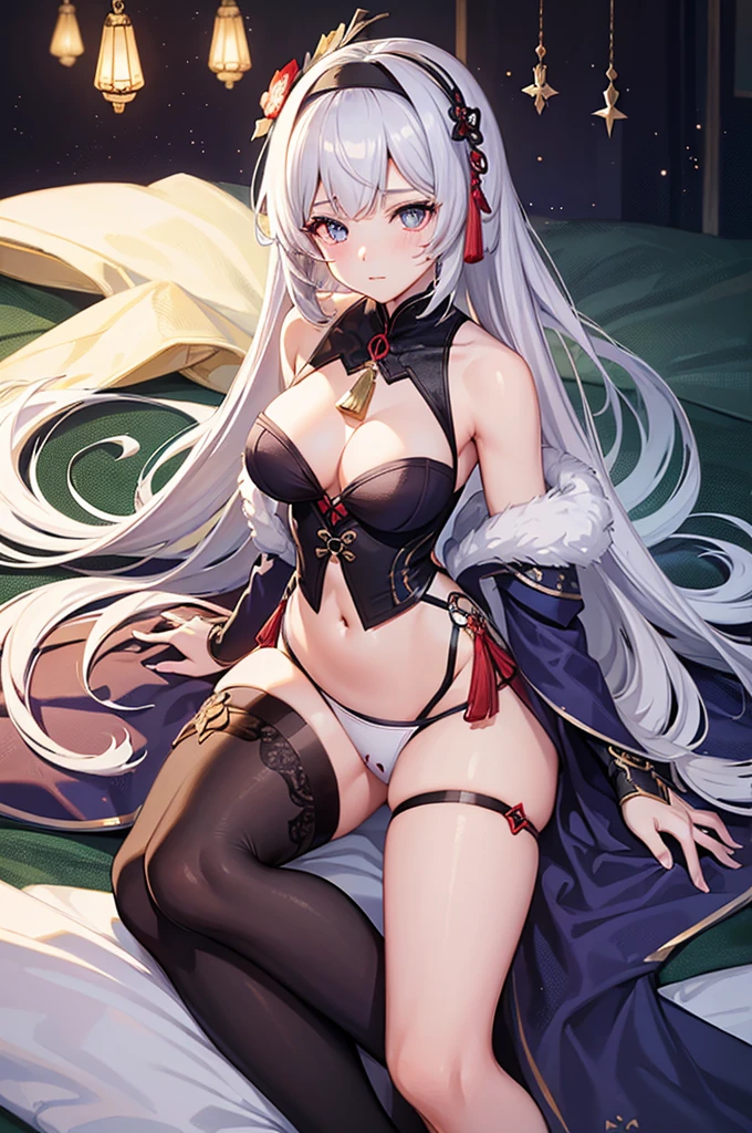Highly detailed, high quality, masterpiece, beautiful, (all photographic shot), girl student girl, Hu Tao character of genshin impact, perfect eyes, beautiful eyes, clear eyes, blushing face, happy face, big thighs, with headband, medium chest, long hair, sexy, short skirt, shows full panties, background image on a bed