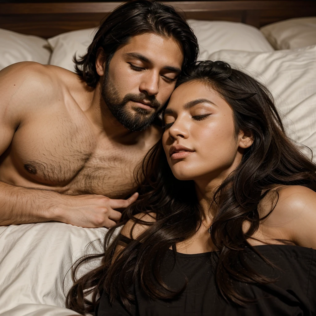 Handsome man, with beard. Next to a beautiful girl, Asian de cavello negro. Asleep together in a bed