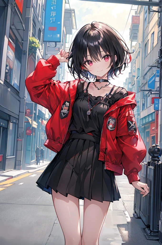 (masterpiece, highest quality, highest quality, (No text), Beautiful and aesthetic:1.2),No text,アニメ、BREAK,One Girl，Black Hair Girl　short hair　older sister　choker　Tree Eyes　Beautiful eyes　Red eyes　cool　smile　Red and Black　Black jacket　mini skirt　whole body　In town