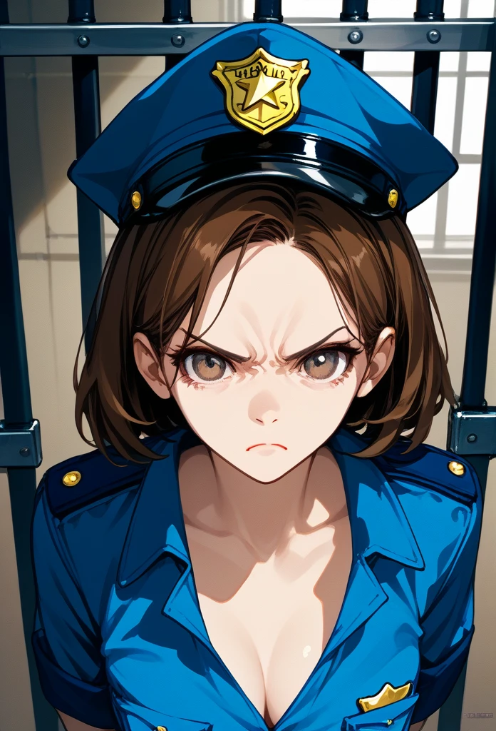 masterpiece, best quality, mature woman, mature face, bob hairstyle, brunette hair, mature face, hot face, sharp eyes, medium breasts, curvy body, hazel eyes, police outfit, looking at viewer, tough appearance, prison cell, jail cell, (looking serious), pissed off face, glaring eyes, angry expression, (chained up, restrained)