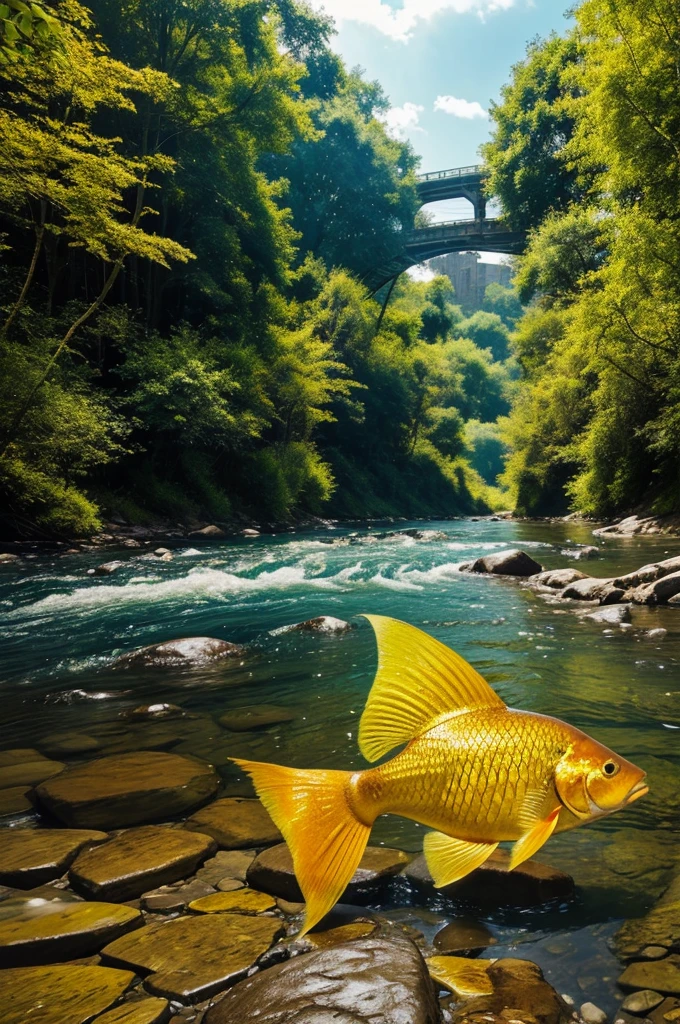 Create fantasy images of a river area with natural view, a golden fish under the river with half portion is up, an an old poor man is talking with that golden fish