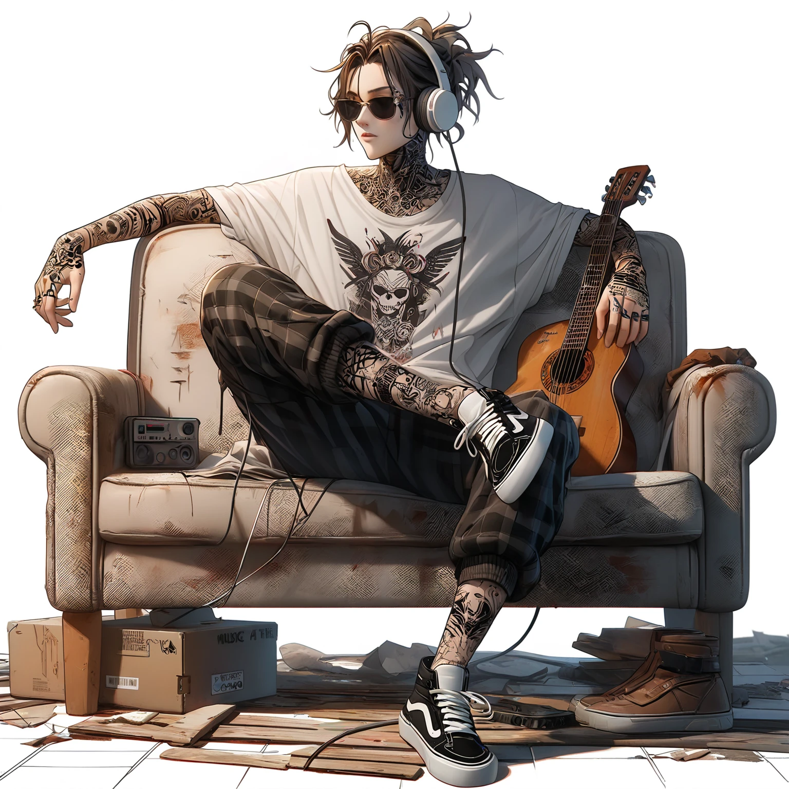 there is a man sitting on a couch with a guitar, artwork in the style of guweiz, in cyberpunk style, badass anime 8 k, cyberpunk dude, highly detailed character, anime style 4 k, has cyberpunk style, best anime 4k konachan wallpaper, trigger anime artstyle, cyber punk setting, zen méditation cyberpunk, the god of music