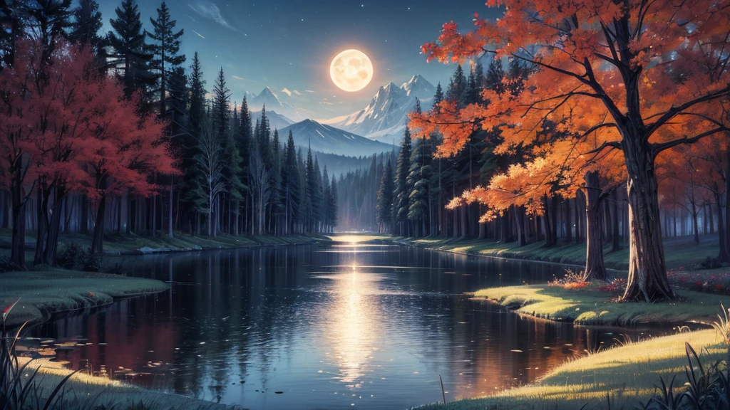 a painting of a full moon over a lake with trees, dreamy night, detailed painting 4 k, highly detailed 4 k painting, 4k hd matte digital painting, beautiful oil matte painting, 8 k resolution digital painting, 8k resolution digital painting, detailed 4 k painting, 8 k hd detailed oil painting, highly detailed 4 k art, 4k digital painting, 4 k digital painting