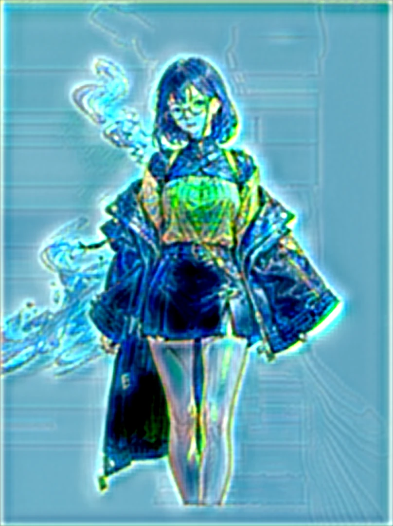 A cool girl with a confident and stylish appearance, showcasing a modern, urban look.

Glasses: Trendy glasses that complement her sharp features and expressive eyes.

Outfit:

Jacket: A fashionable leather jacket with intricate smoke patterns that blend seamlessly with yellow accents. The jacket has a sleek, tailored fit.
Top: A yellow top that contrasts with the smoky details of the jacket.
Accessories:

Cigarette: She holds a cigarette in a relaxed, nonchalant manner, with wisps of smoke curling around her.
Hairstyle: Her hair is styled in a contemporary fashion, enhancing her cool demeanor.