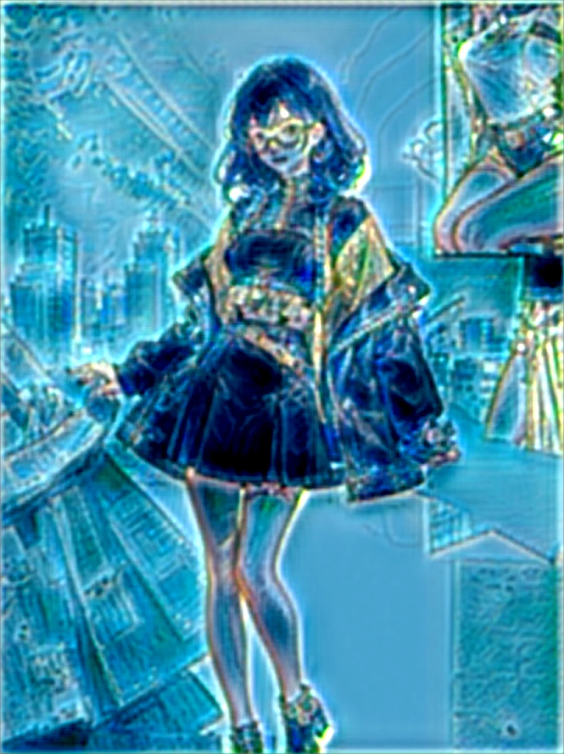 A cool girl with a confident and stylish appearance, showcasing a modern, urban look.
Glasses: Trendy glasses that complement her sharp features and expressive eyes.
Outfit:
Jacket: A fashionable leather jacket with intricate smoke patterns that blend seamlessly with yellow accents. The jacket has a sleek, tailored fit.
Top: A yellow top that contrasts with the smoky details of the jacket.
Accessories:
Cigarette: She holds a cigarette in a relaxed, nonchalant manner, with wisps of smoke curling around her.
Hairstyle: Her hair is styled in a contemporary fashion, enhancing her cool demeanor.