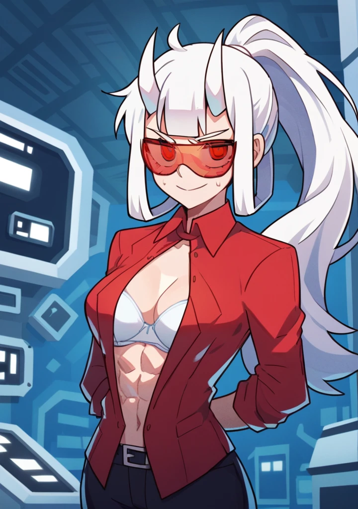 score_8_up, score_7_up, anime screenshot, looking at viewer, clouds
1girl, loremaster (helltaker), horns, long hair, ponytail, white hair, red-tinted eyewear, red shirt, formal, black pants,
standing, looking at viewer, arms behind back, laboratory, Open clothes, unbuttoned shirt, white bra, medium chest, abs, bare belly