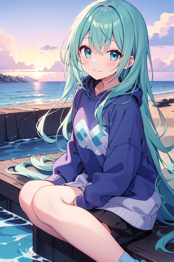 12 year old girl, long sea foam green hair, blue eyes, gentle smile, light blue sweatshirt